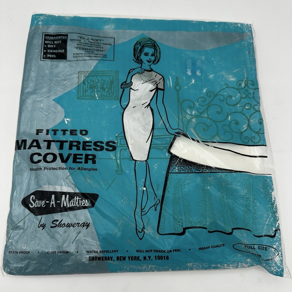 Vintage Showeray Save A Matress Cover Sealed NOS Mid Century Full Size Vinyl